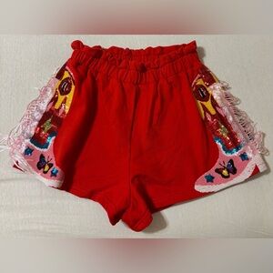 QUEEN OF SPARKLES Red High Waist Shorts with Embroidery